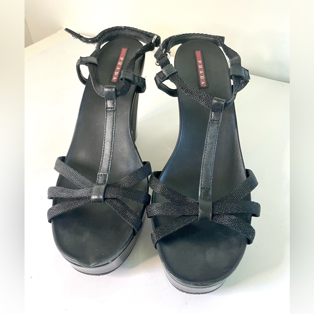 Prada Sport Black Wedge Sandals